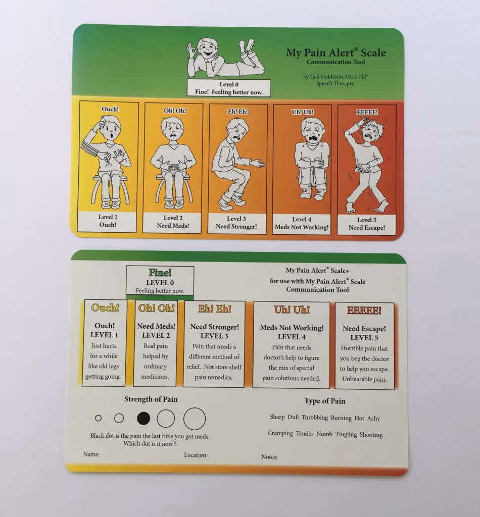 Front and back of MPAS card showing hurt boy icon side over description side for each pain level key word(s)