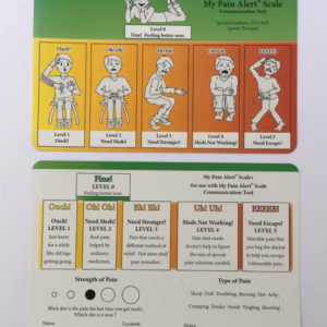 Front and back of MPAS card showing hurt boy icon side over description side for each pain level key word(s)