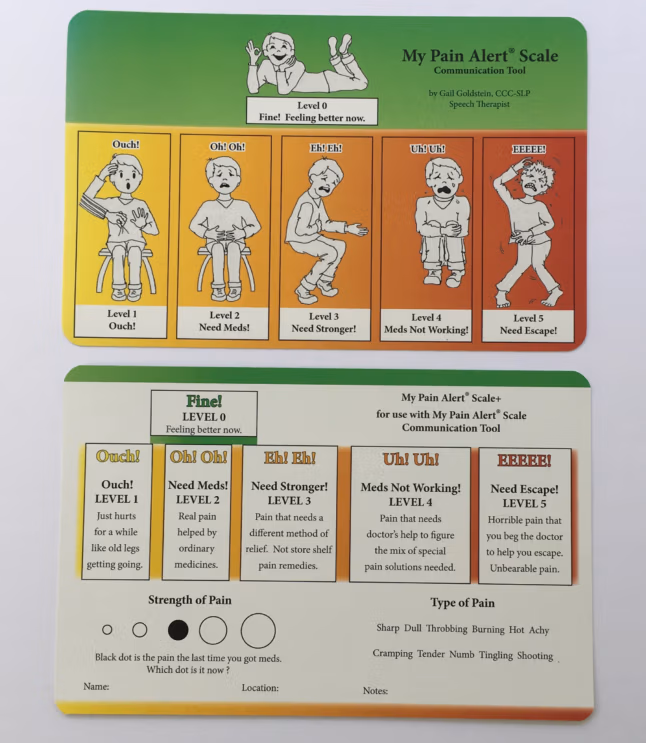 Front and back of MPAS card showing hurt boy icon side over description side for each pain level key word(s)